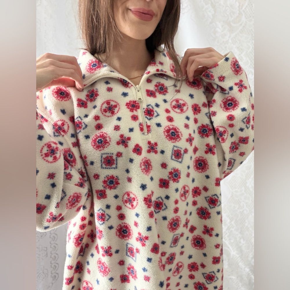 Vintage 1990s Cabin Creek Floral Quarter Zip Fleece Pullover Cottage Cozy - Picture 4 of 16